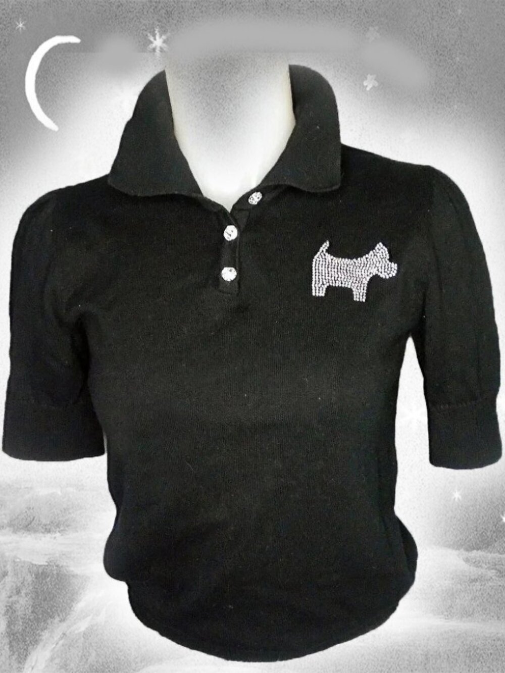 Black Polo Rhinestones & Scotty Dog! Cotton Shirt Top Indie Sleaze